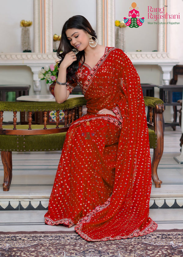 red chiffon saree for karwa chauth by Rang Rajasthani