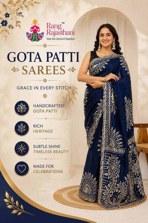 Premium Gota Patti saree collection cover featuring elegant navy blue saree with intricate handcrafted Gota Patti work and traditional Rajasthani styling.