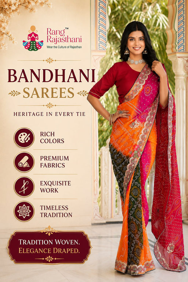 Premium Bandhani saree collection cover featuring vibrant multicolor Rajasthani Bandhani saree with traditional ethnic artistry and elegant festive styling.