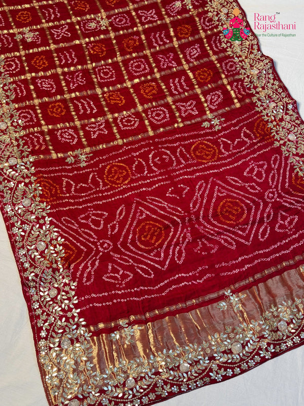 pallu detailing of red gajji silk hand embellishment saree