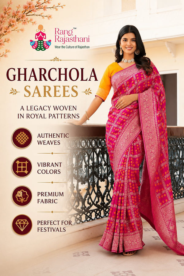 Premium Gharchola saree collection cover featuring vibrant pink traditional Gharchola saree with zari woven patterns and rich Rajasthani ethnic styling.