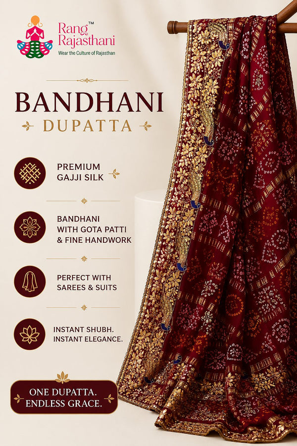 Red Bandhani dupatta in premium Gajji silk with gota patti and fine handwork by Rang Rajasthani