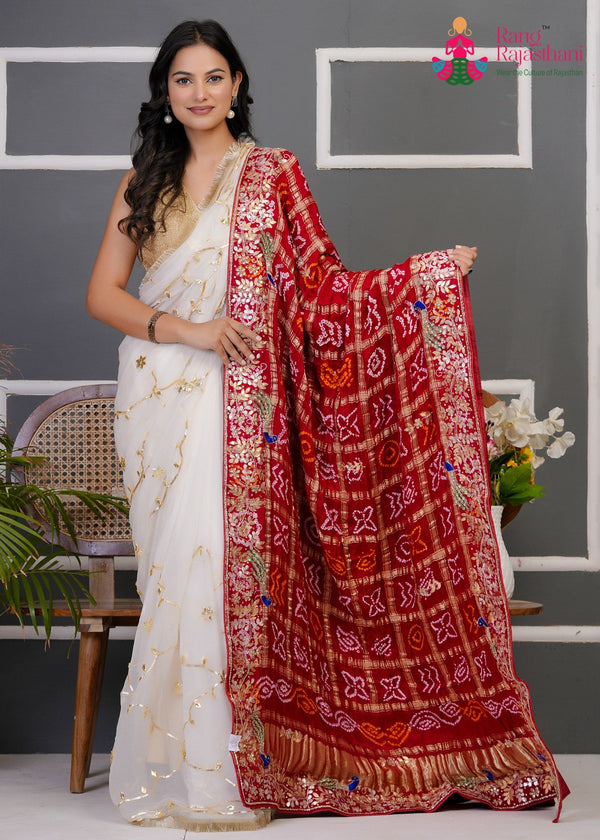 red gajji silk hand embellishment dupatta ethnic wear by Rang Rajasthani