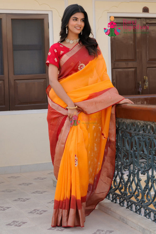 Yellow Red Kora Silk saree with Hand Work side drape view
