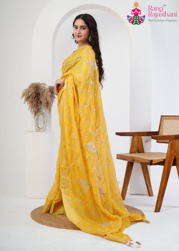 zari embroidery saree with detailed gold thread work