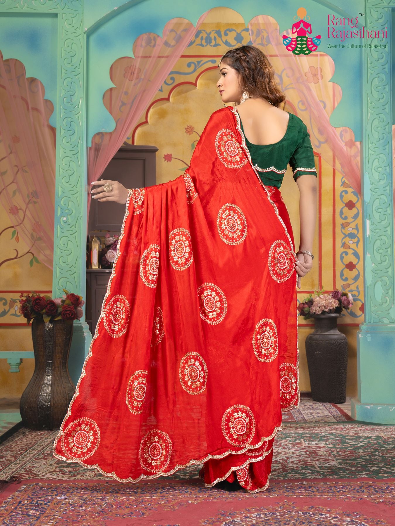 Soft Red chinnon Saree - Festive
