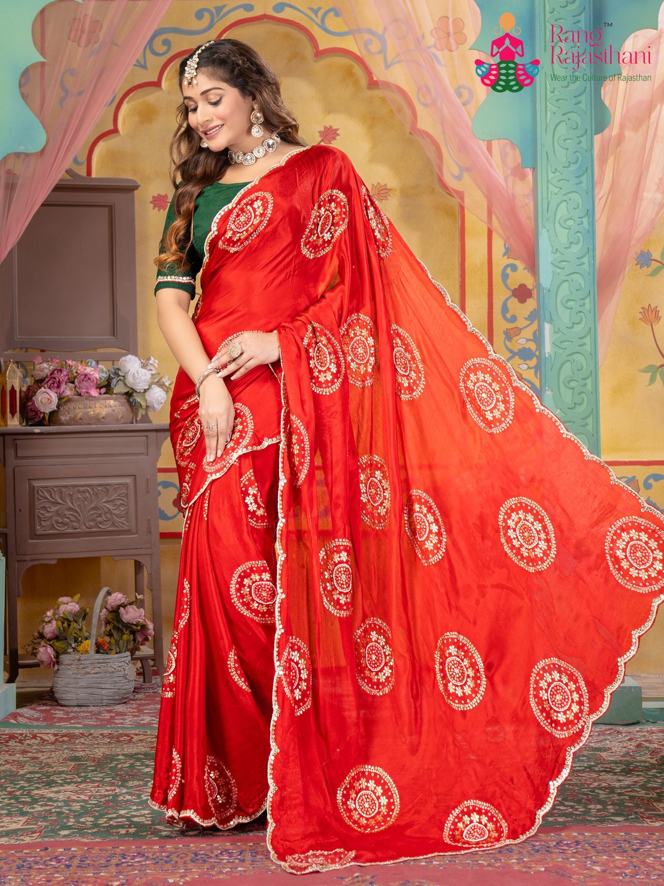 Soft Red chinnon Saree - Festive