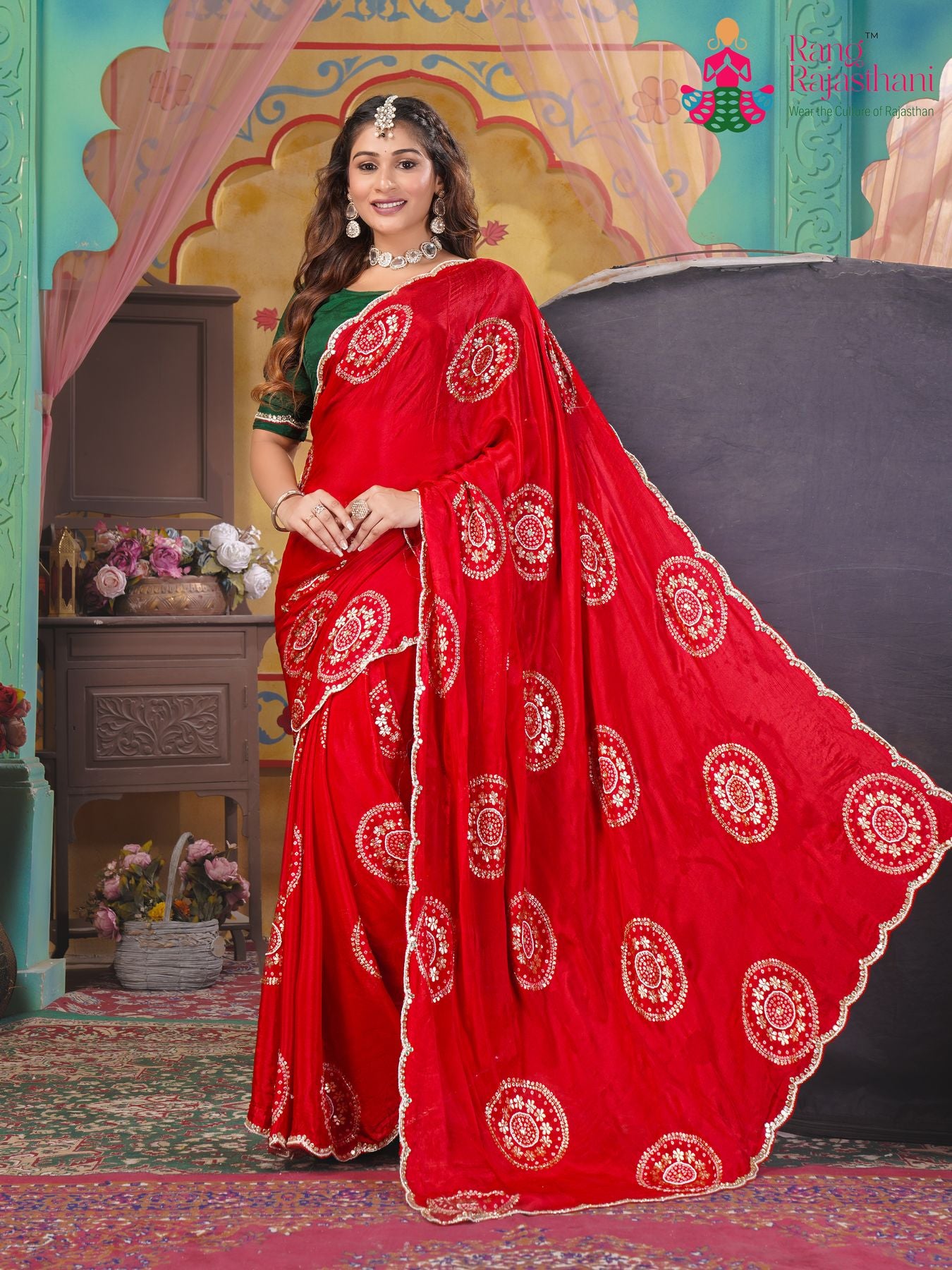Soft Red chinnon Saree - Festive