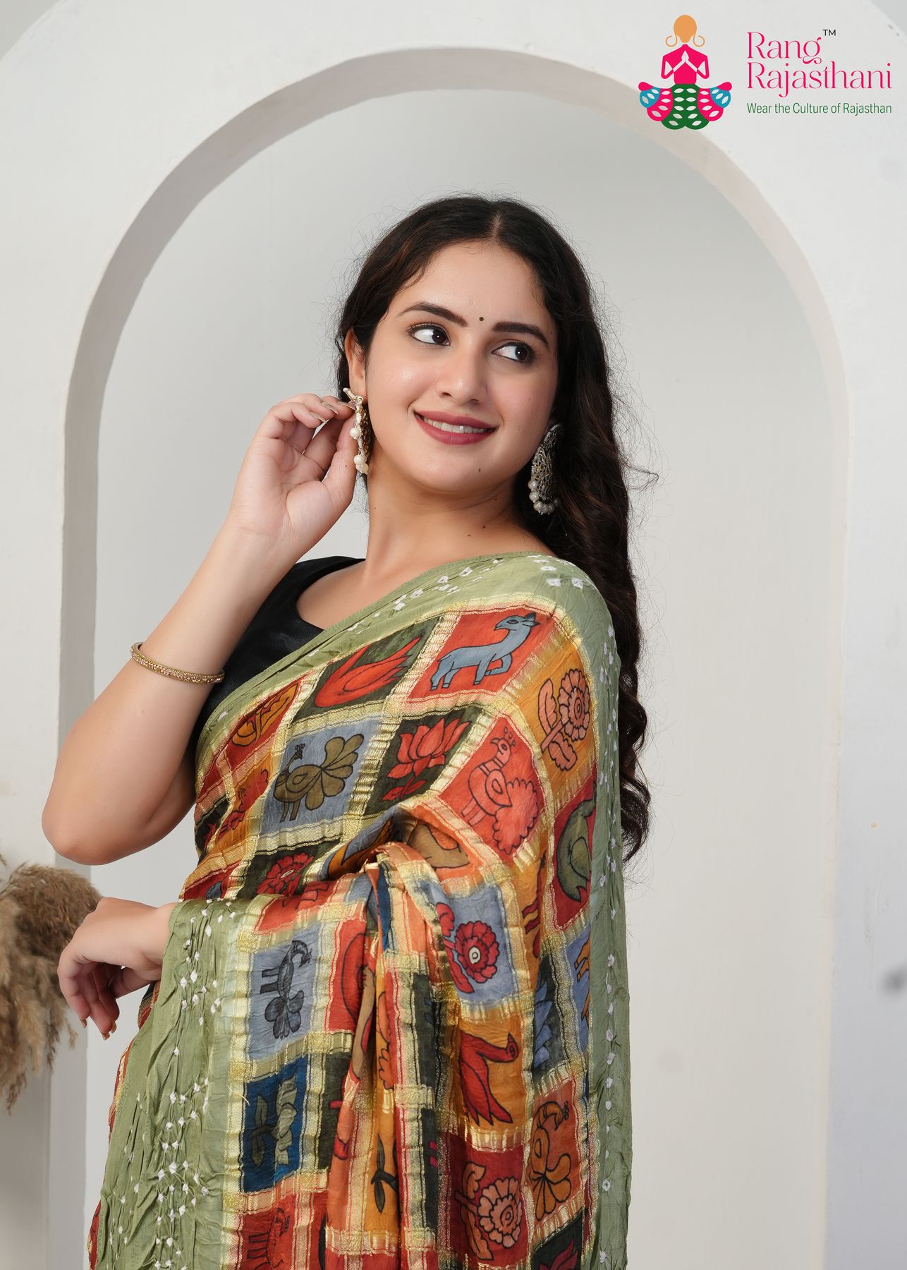 Ajrakh print modal silk saree with traditional geometric motifs