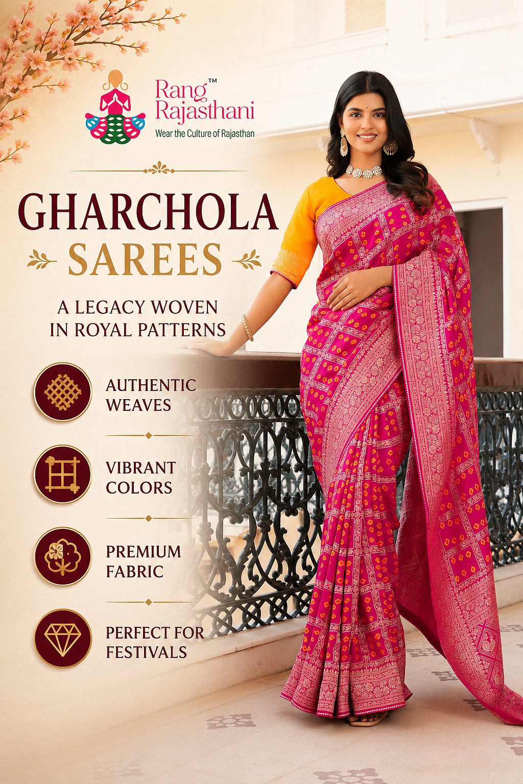 Premium Gharchola saree collection cover featuring vibrant pink traditional Gharchola saree with zari woven patterns and rich Rajasthani ethnic styling.