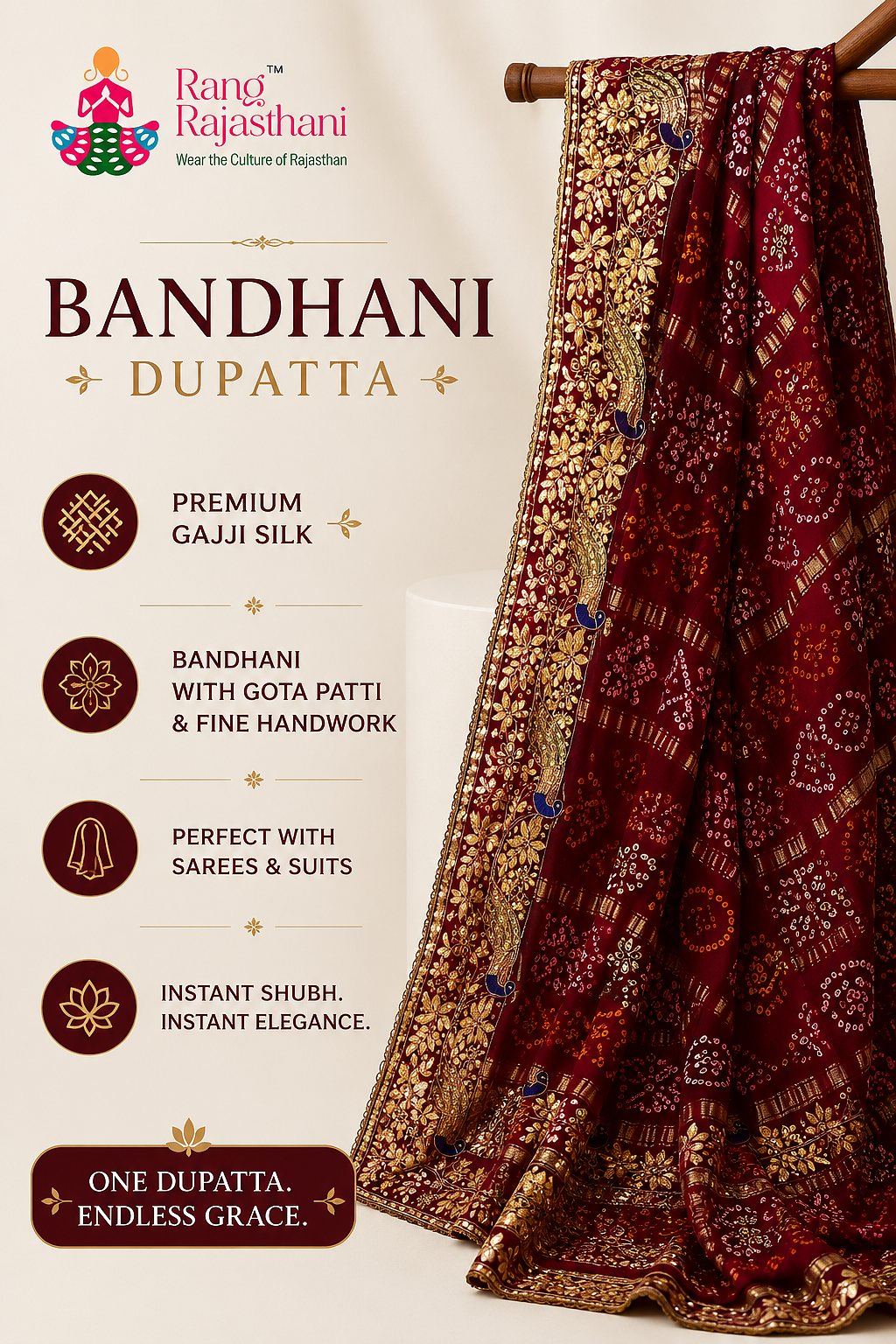 Red Bandhani dupatta in premium Gajji silk with gota patti and fine handwork by Rang Rajasthani