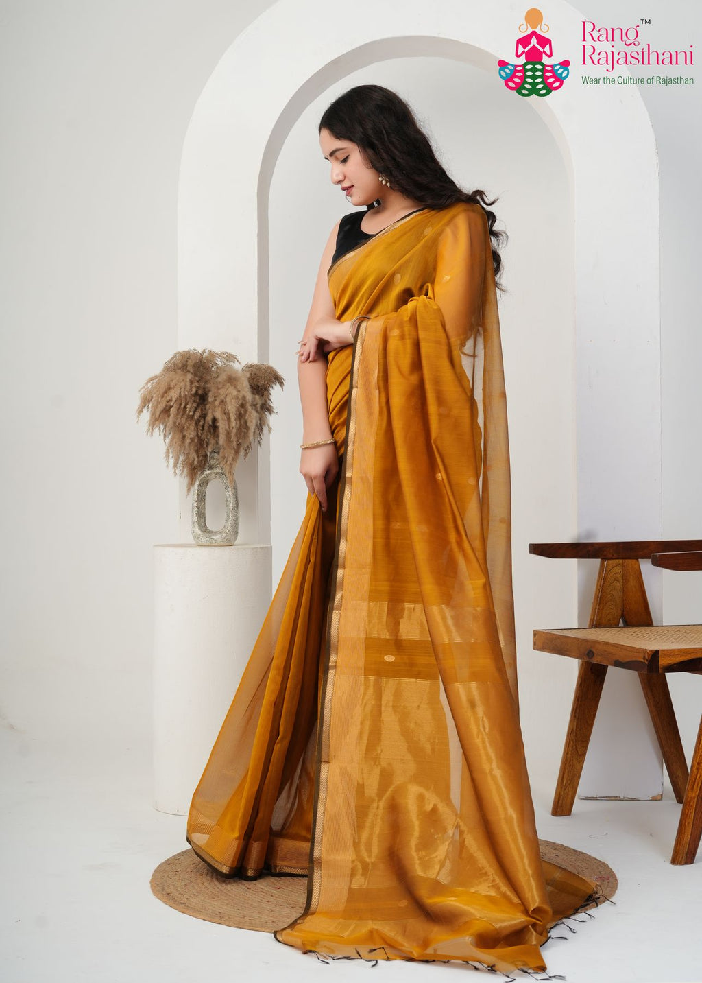 Gold Pure Maheshwari Silk saree with Khaddi Work side drape view