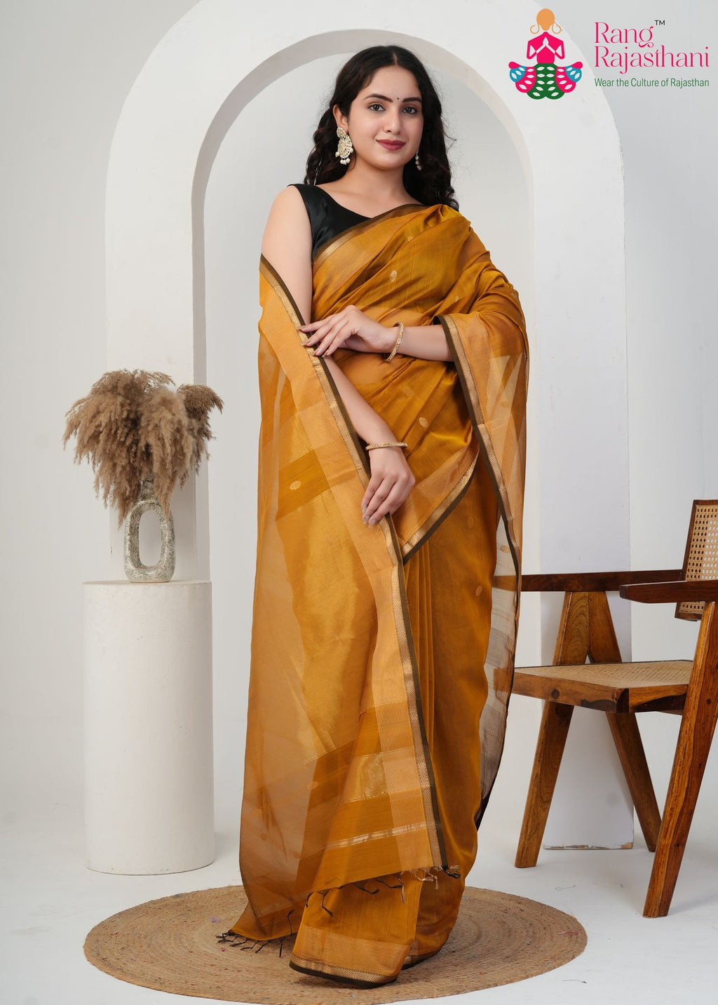 Gold Pure Maheshwari Silk saree with Khaddi Work border detailing