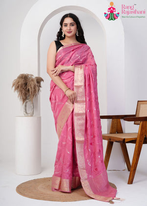 Pink Pure Ho Silk Sequin Saree for Festive Celebration | Handcrafted Pick