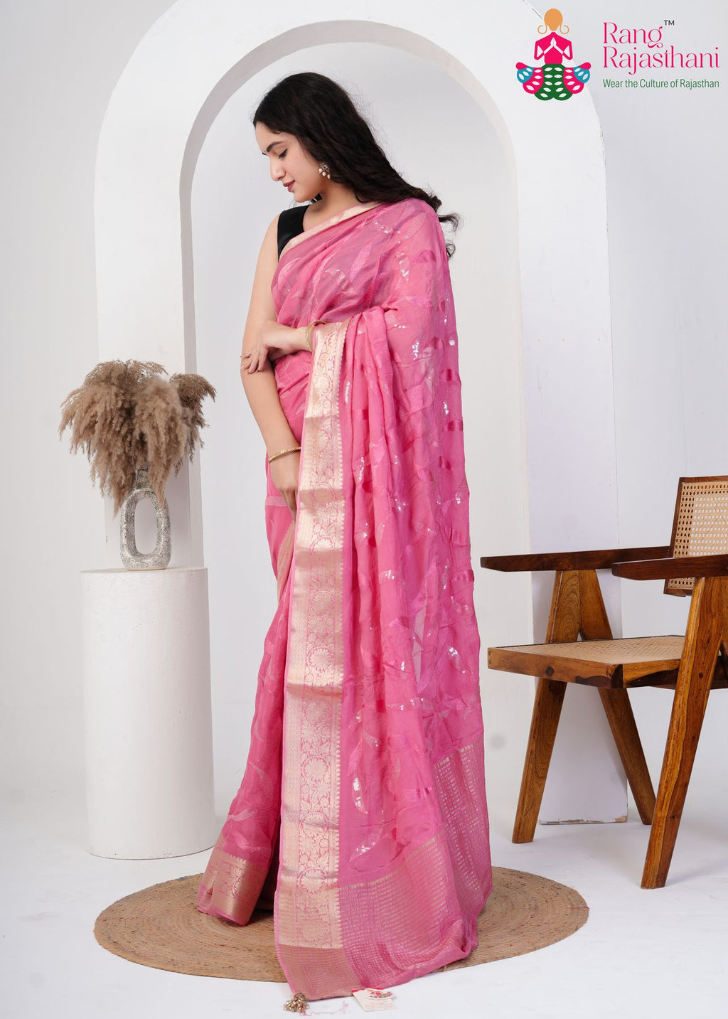 Baby Pink Chinon Soft Shine Saree : Petal Allure