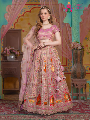 Peach Art Silk Zari Embroidery Lehenga Chunni for Wedding Reception | Timeless Drape