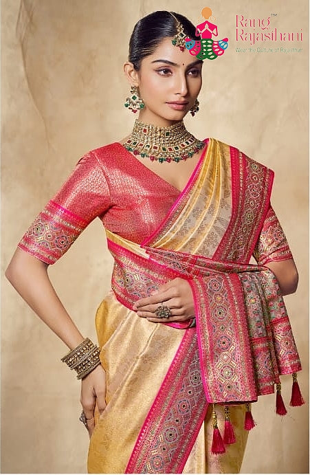 close up detailing of beige art silk banarasi zari weave saree 