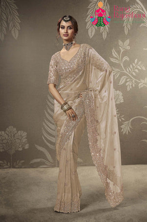 Beige Shimmer Tissue Hand Embellishment Saree for Bridal | Traditional Pick