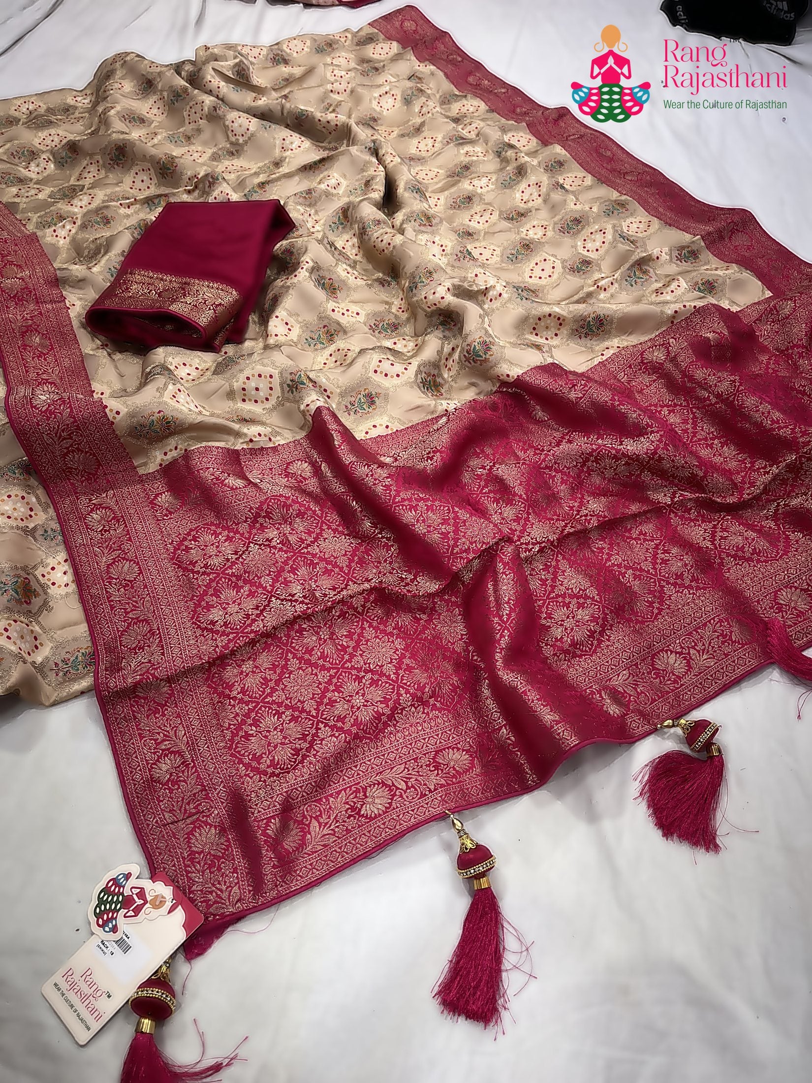 beige art silk meenakari zari saree  for wedding guest wear by Rang Rajasthani