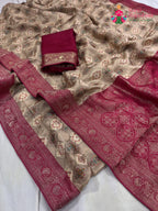close up detailing of beige art silk meenakari zari saree 