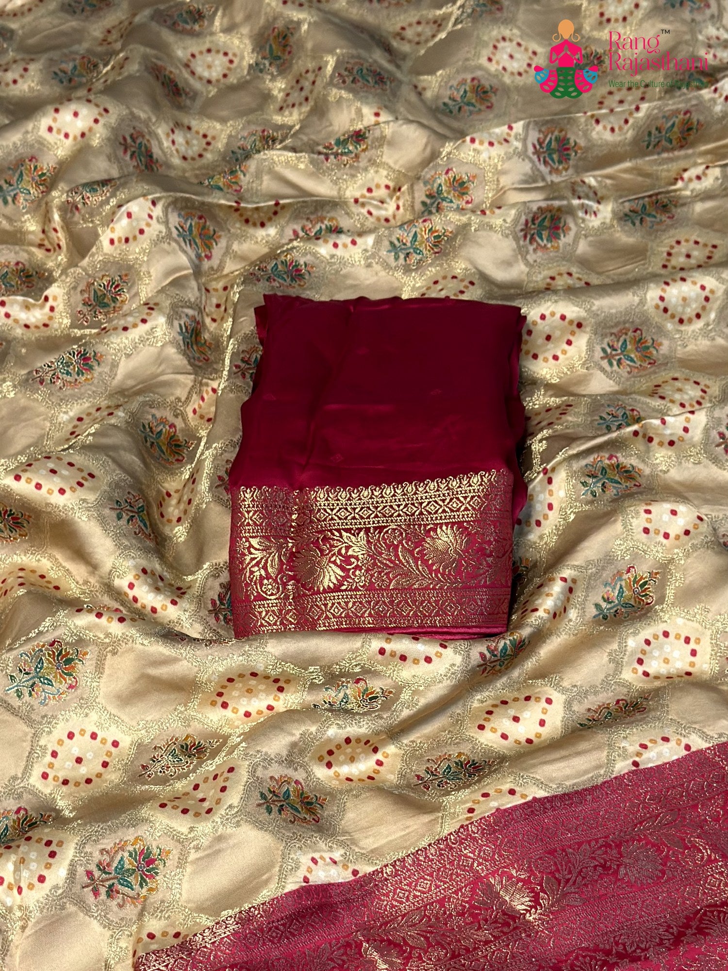 Beige Synthetic Meenakari Zari Saree for Wedding Guest | Statement Pick
