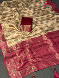 Beige Synthetic Meenakari Zari Saree for Wedding Guest | Statement Pick