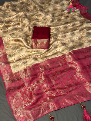 Beige Art Silk Meenakari Zari Saree for Wedding Guest | Reception Pick