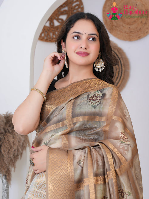 Brown Synthetic Silk saree with Printed close up detailing