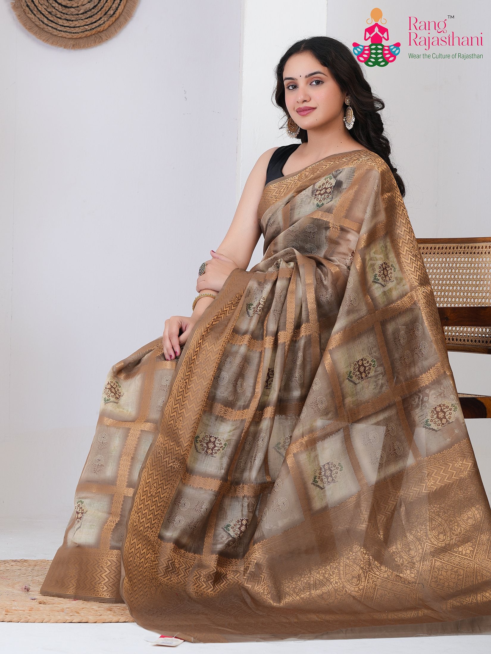 Brown SyntheticSilk saree with Printed pallu detailing