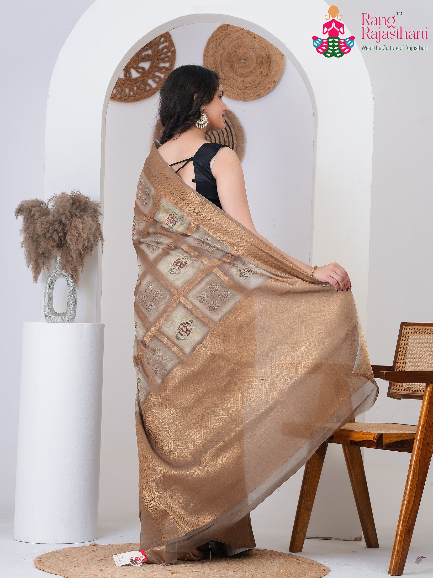 Brown SyntheticSilk saree with Printed back view