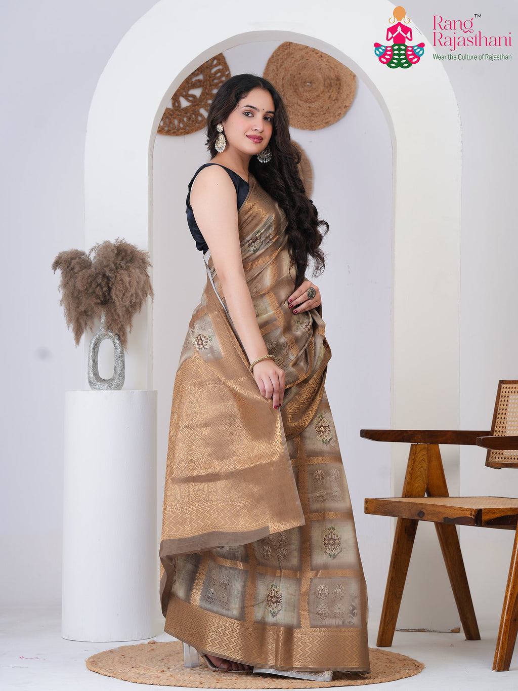 Brown SyntheticSilk saree with Printed side drape view