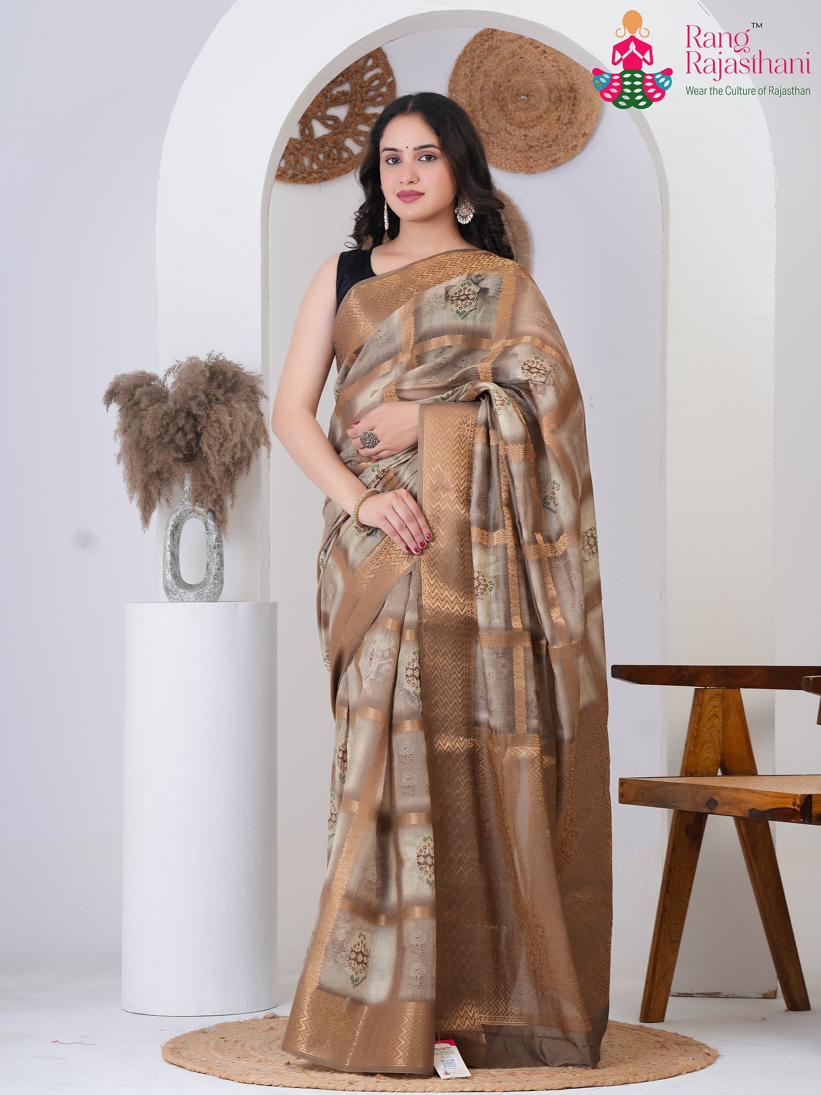 Brown SyntheticSilk Party saree with Printed from Rang Rajasthani