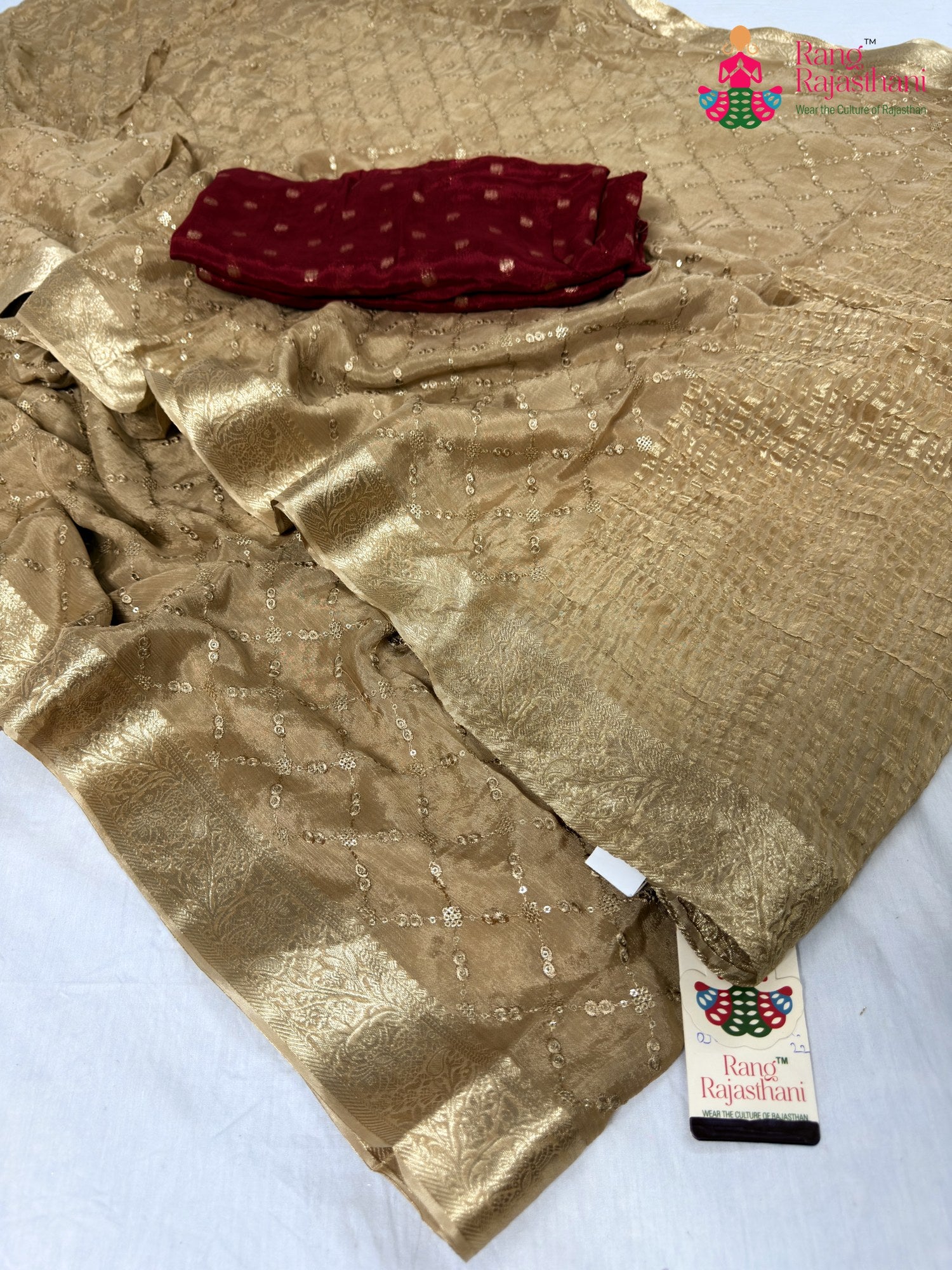 complete look of beige chinnon sequin saree