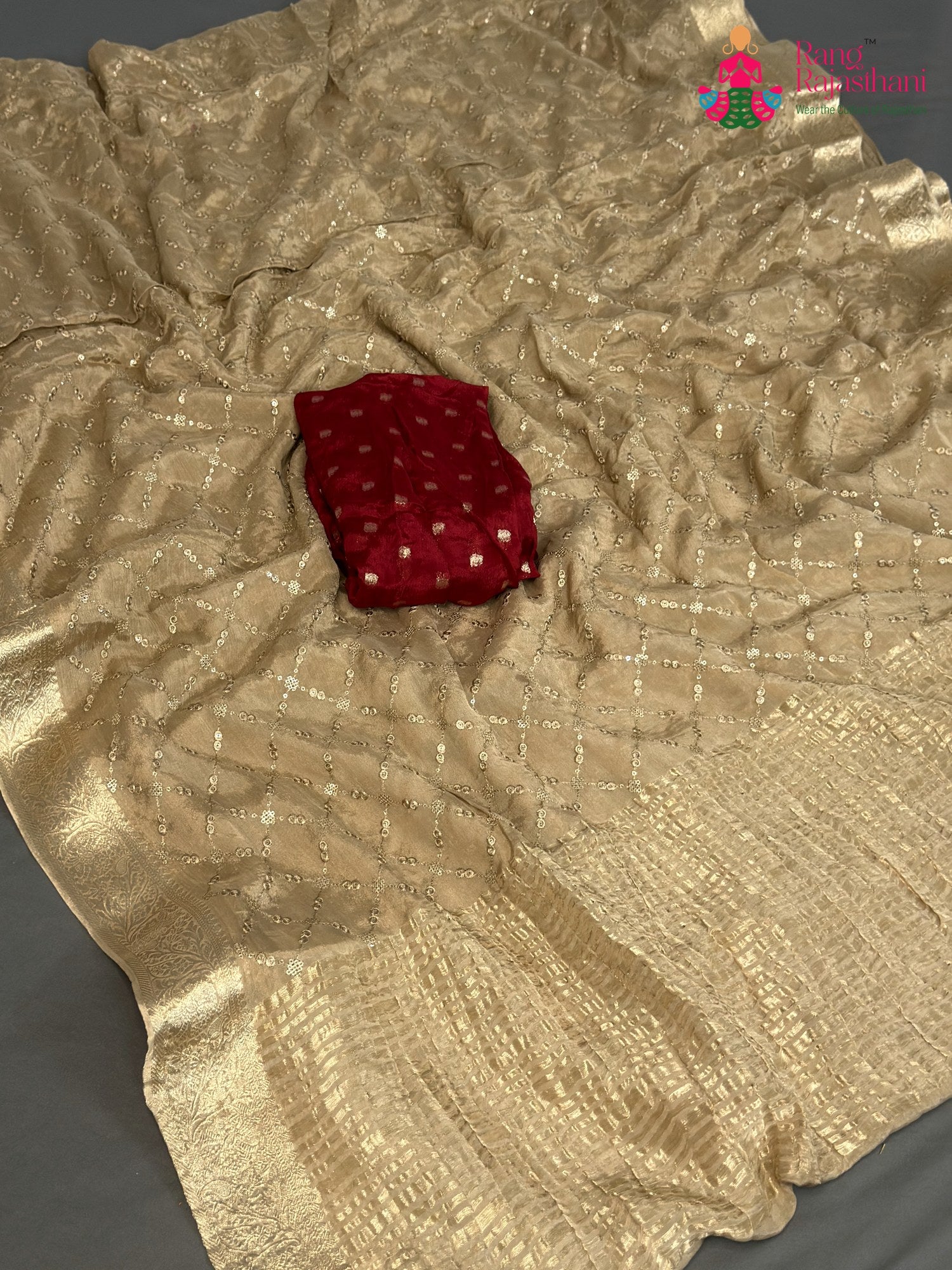 Beige Chinnon Sequin Saree for Sangeet Night | Handpicked Pick