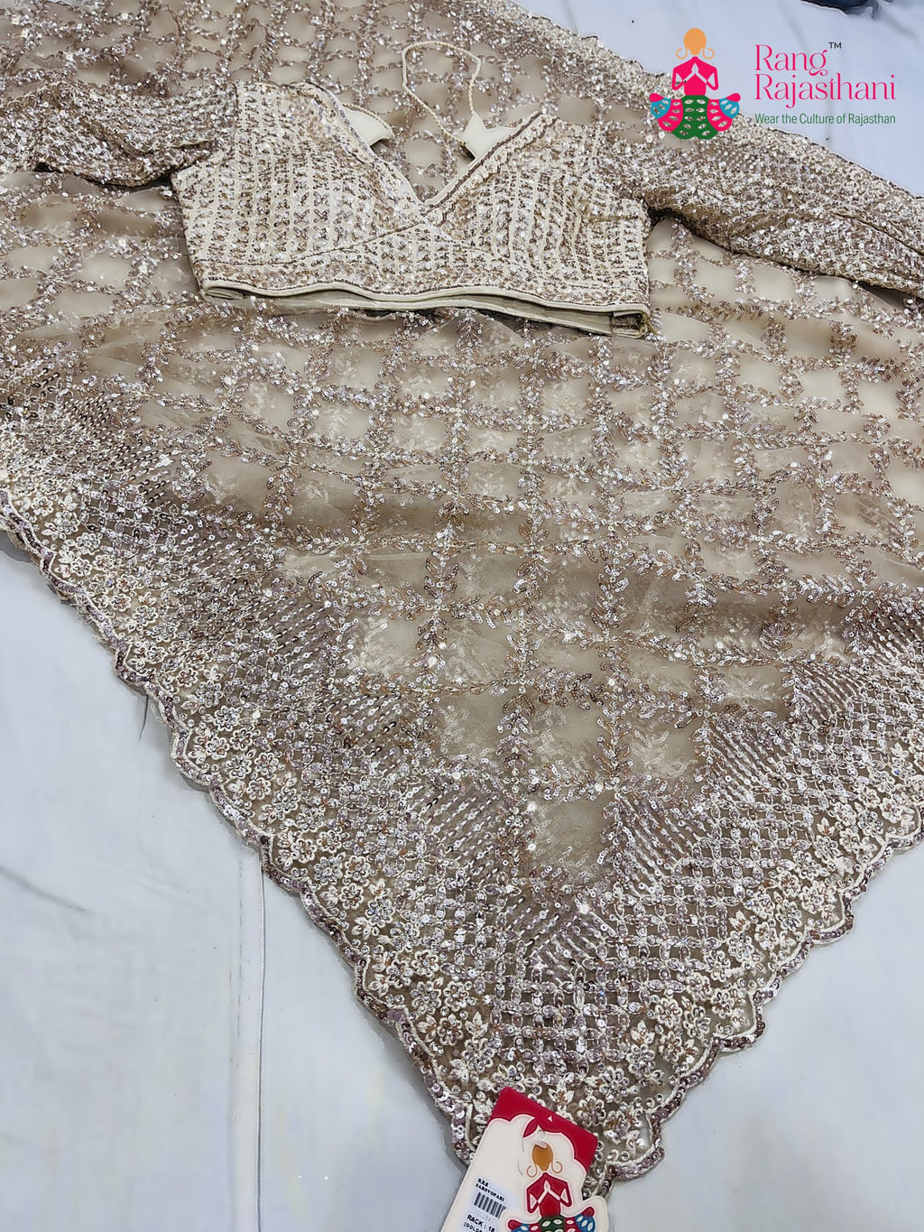 beige net sequin saree for wedding reception by Rang Rajasthani