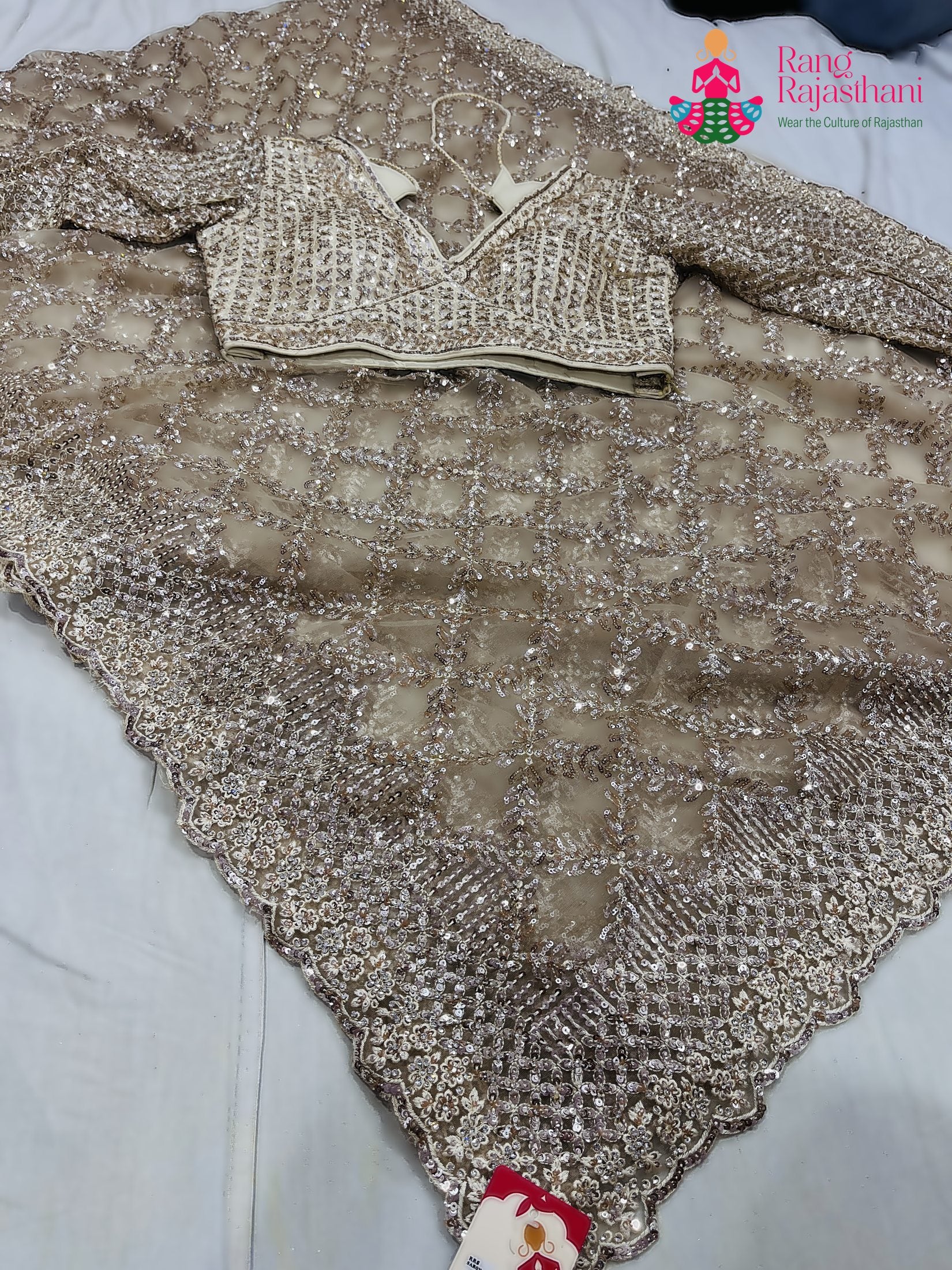 complete look of beige net sequin saree 