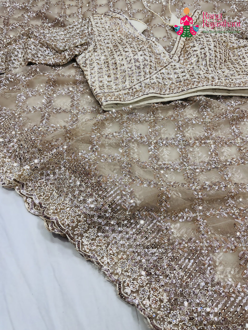 close up detailing of beige net sequin saree 