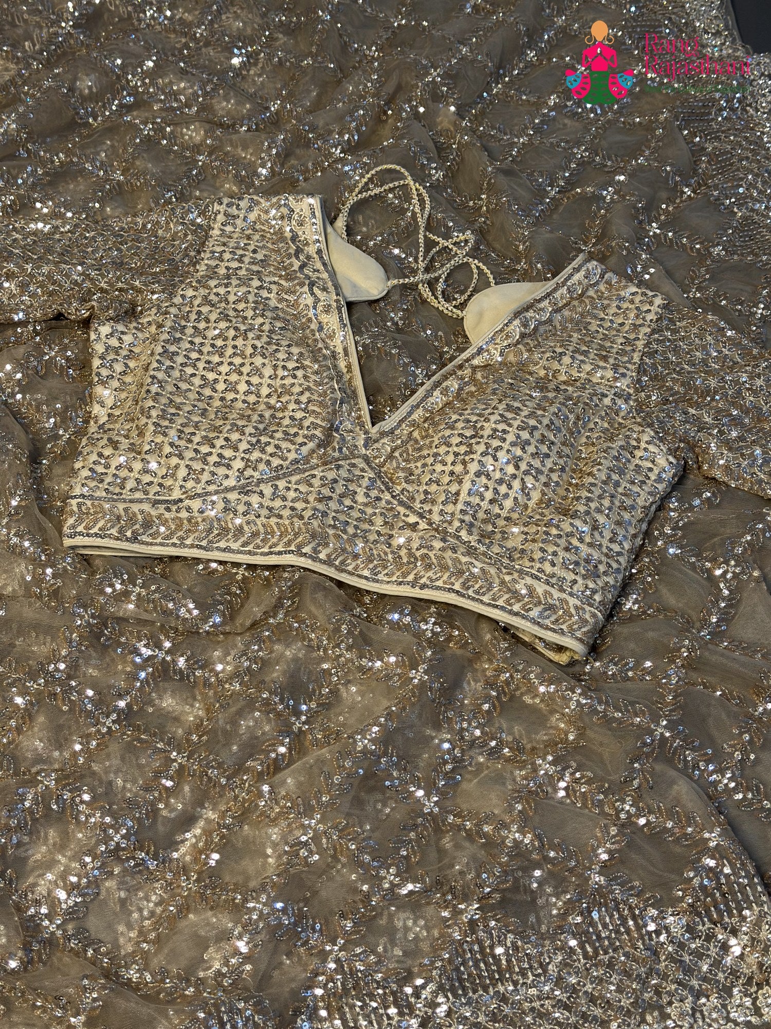 Beige Net Sequin Saree for Wedding Reception | Premium Edit