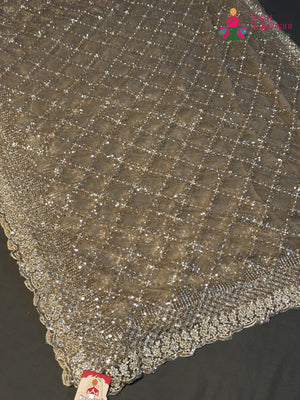 Beige Net Sequin Saree for Wedding Reception | Premium Edit
