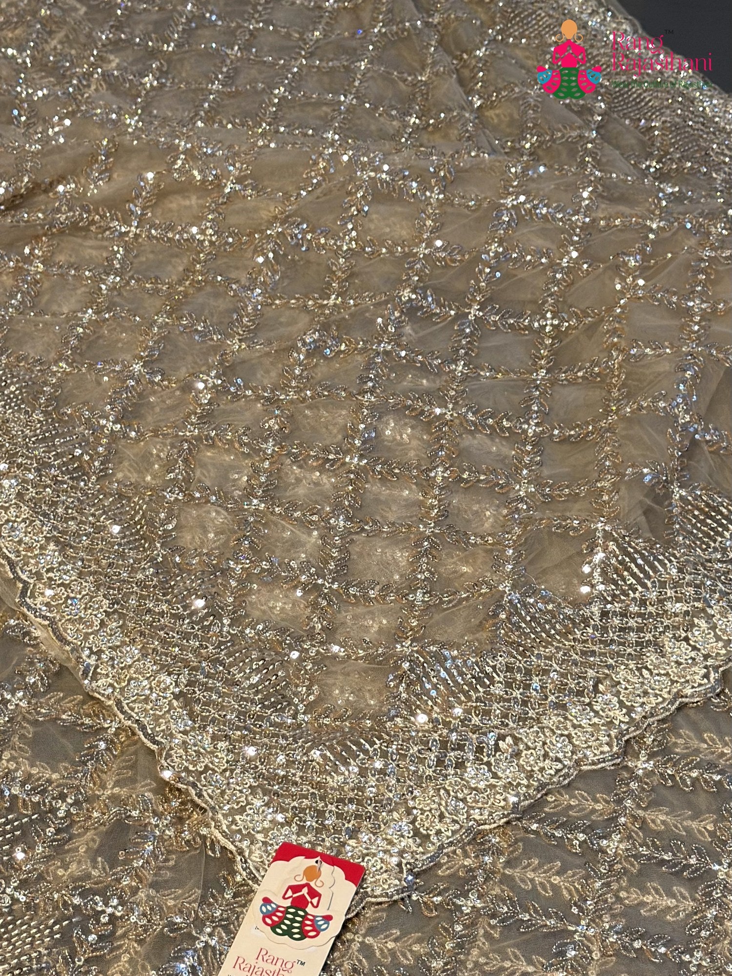 Beige Net Sequin Saree for Wedding Reception | Premium Edit
