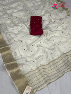 close up view of creem pure ho silk mirror saree wedding radiance