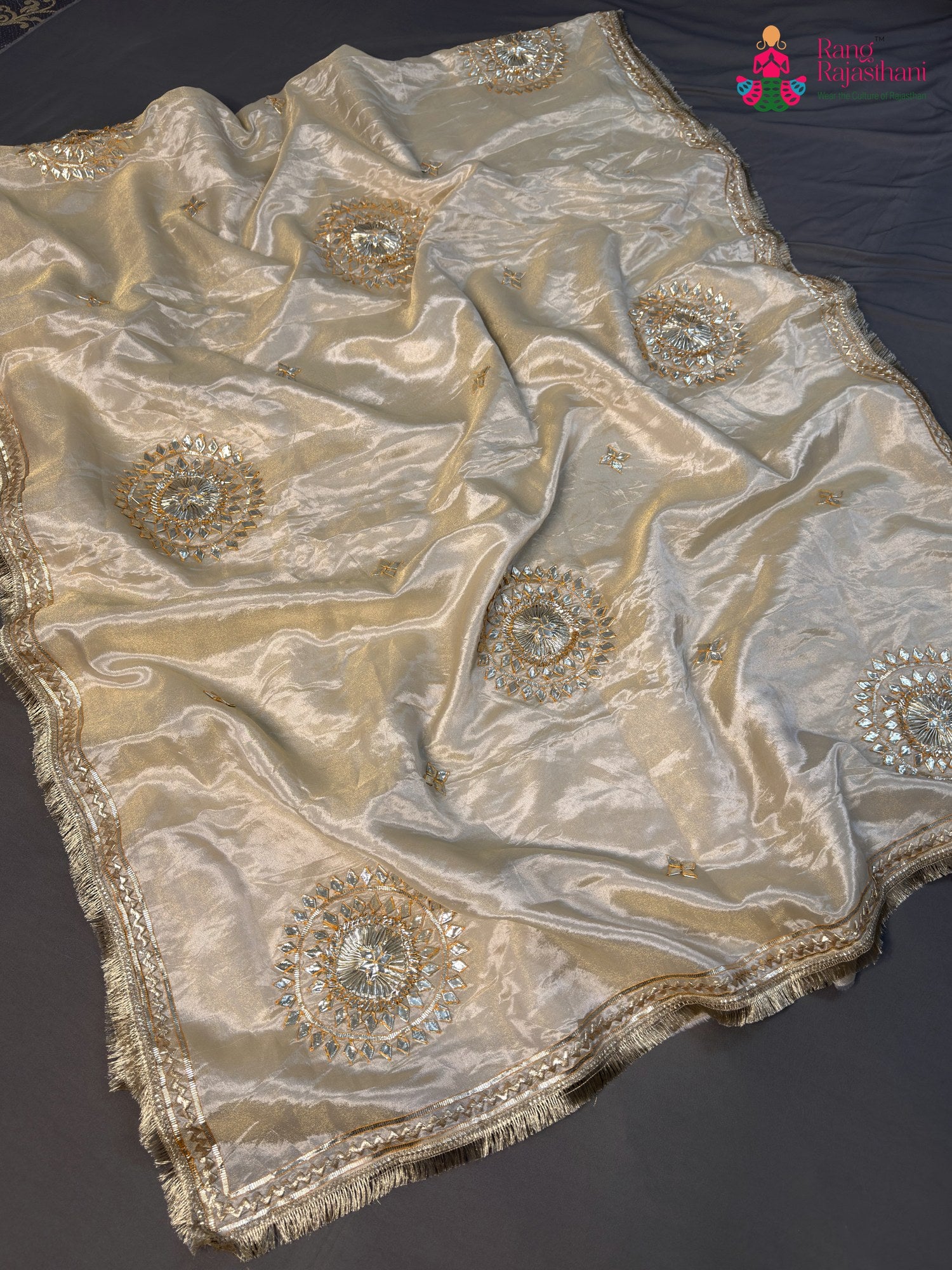 beige pure tissue silk gota patti saree by Rang Rajasthani