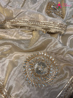 fabric texture of beige pure tissue silk gota patti saree