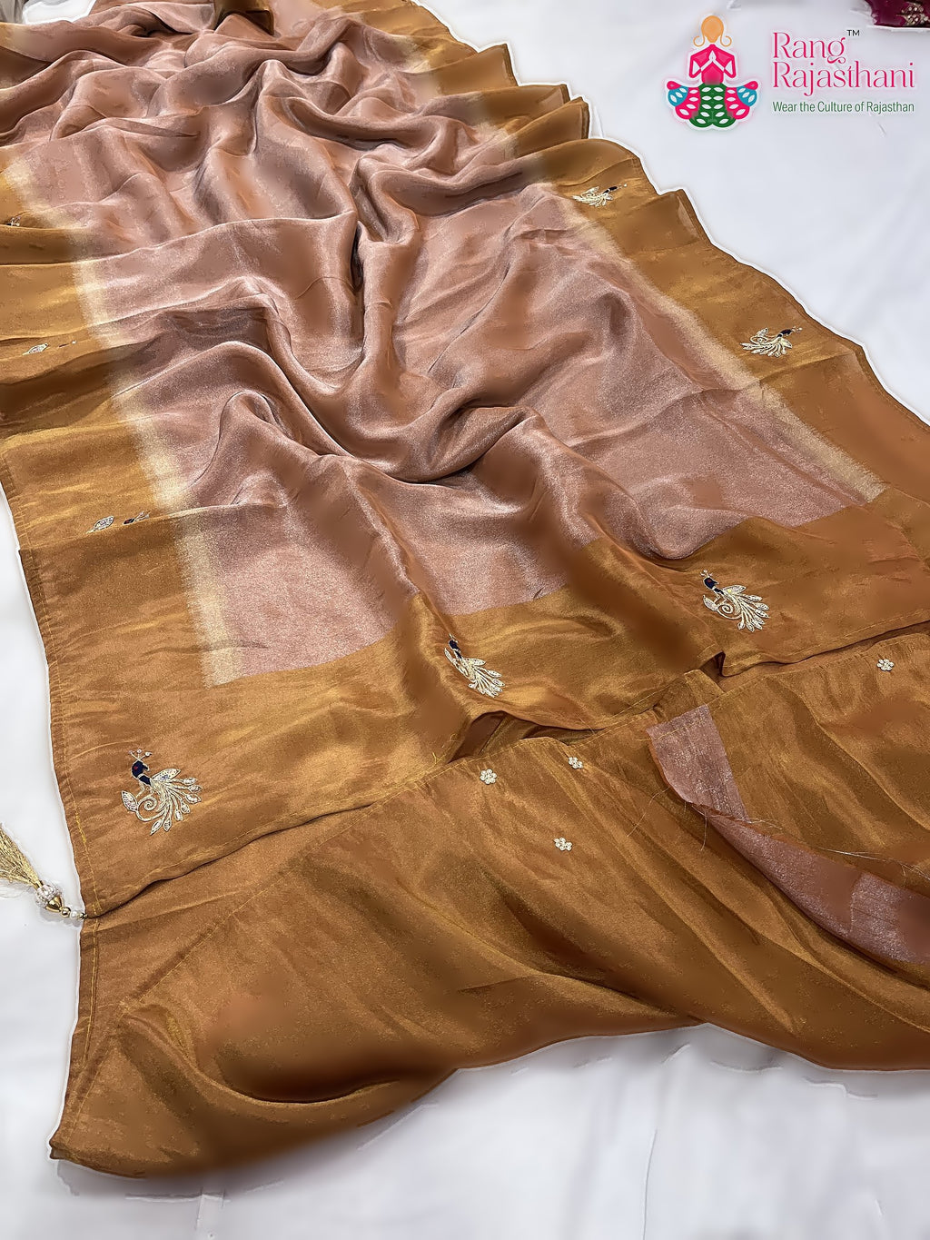 complete look of beige pure tissue silk hand saree 