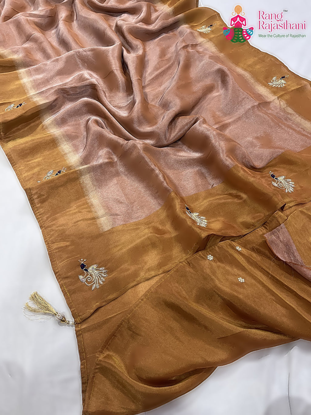 pallu detailing of beige pure tissue silk hand saree 