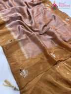 beige pure tissue silk hand saree for wedding guest wear by Rang Rajasthani
