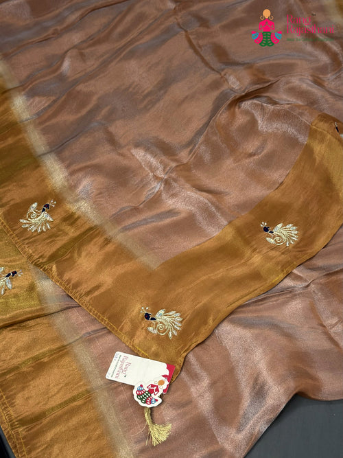 Beige Pure Tissue Silk Hand Embellishment Saree for Wedding Guest | Party Pick
