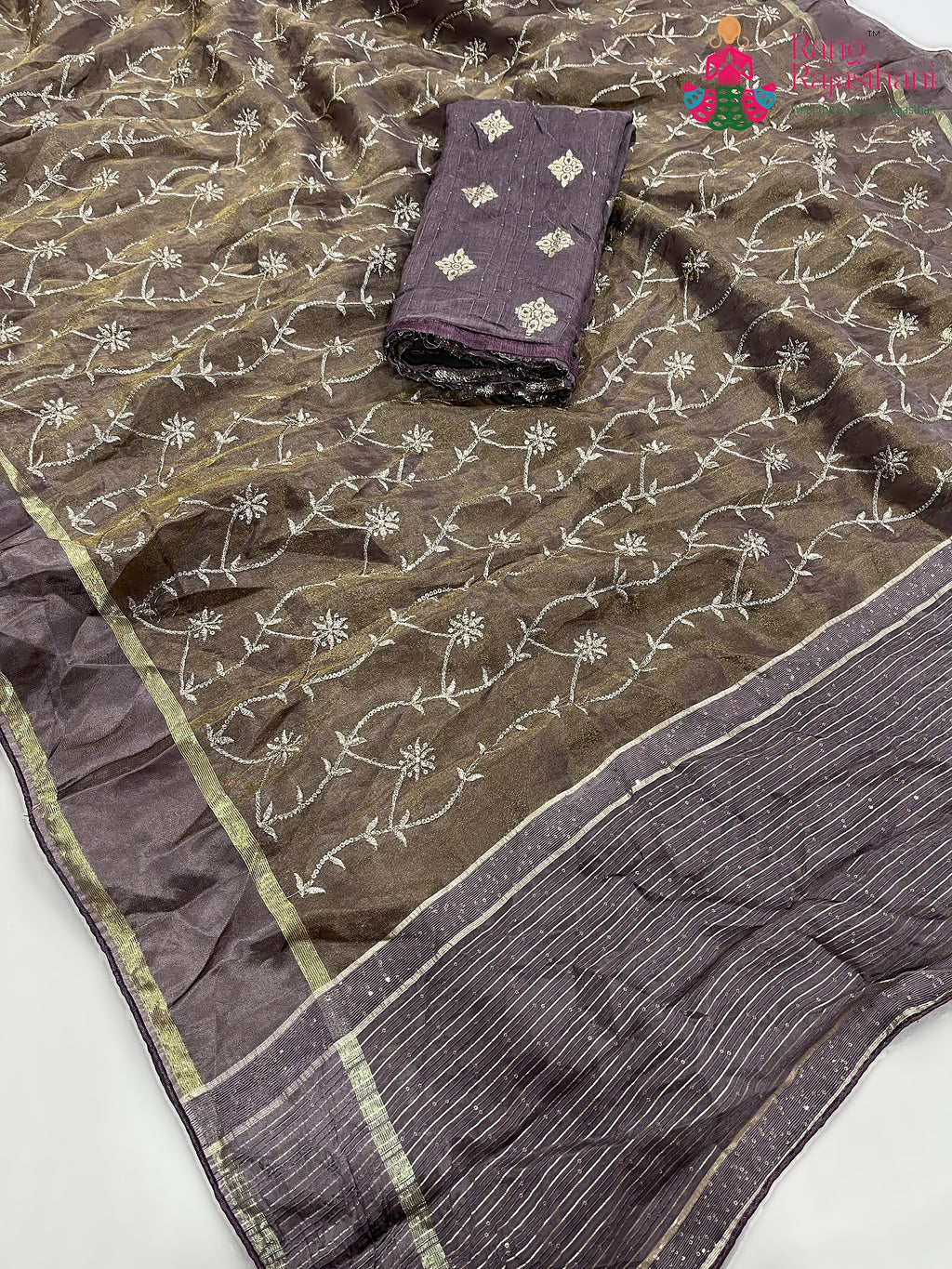 beige pure tissue silk zari embroidery saree for wedding guest wear by Rang Rajasthani