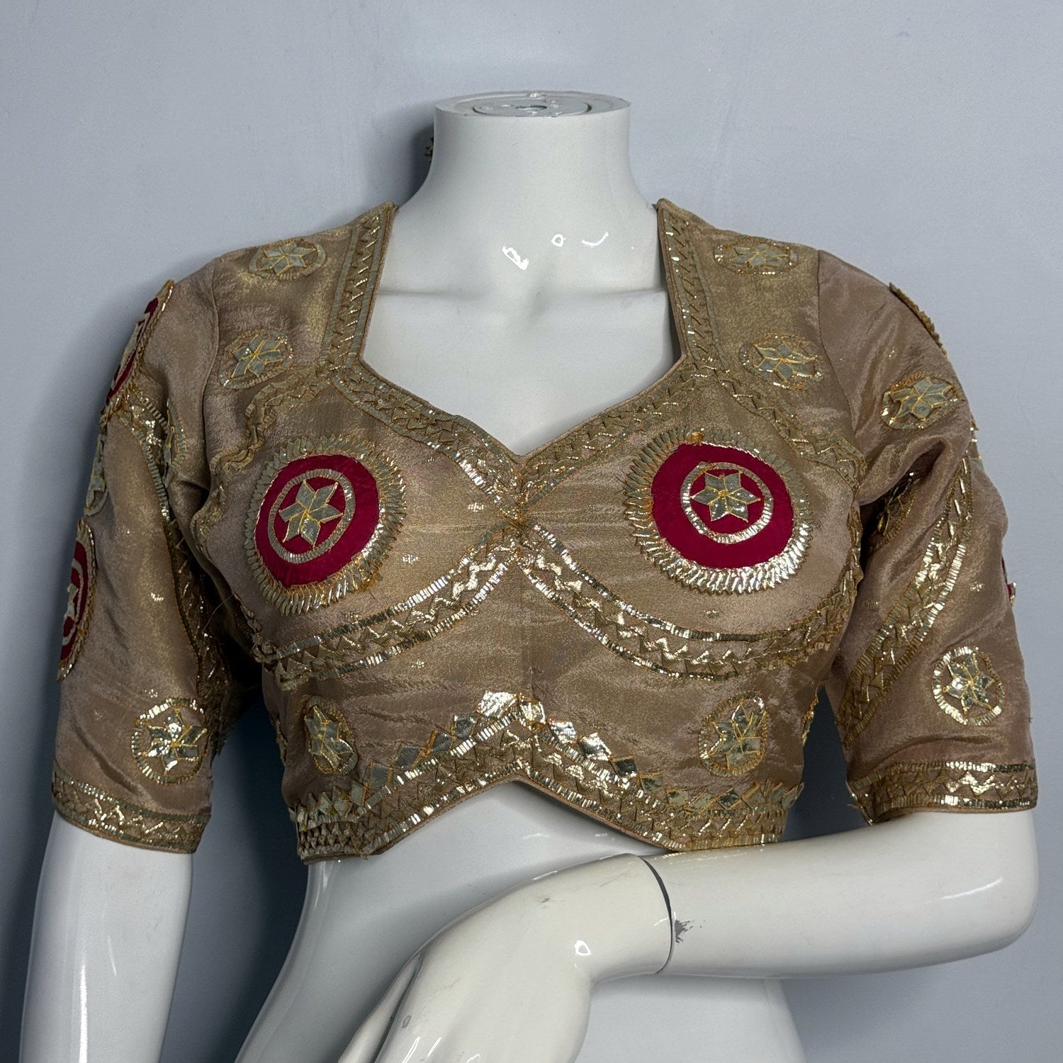 close up detailing of beige pure upada silk gota patti blouse 3763