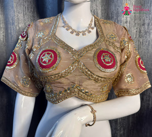 Beige Pure Upada Silk Gota Patti Blouse for Wedding Guest | Editor Pick